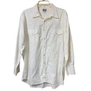 ELY Cattleman Western Shirt Mens XL White Pearl Snap Distressed Workwear 17.5/33